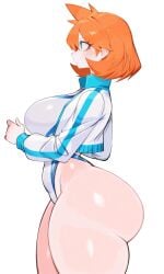1girl ai_generated aqua_eyes ass blue_eyes blue_one-piece_swimsuit blue_swimsuit blush breasts busty closed_mouth clothing competition_swimsuit female green_eyes hand_on_own_stomach hand_on_stomach highleg highleg_swimsuit huge_ass huge_breasts jacket kasumi_(pokemon) large_ass large_breasts long_sleeves looking_ahead misty_(pokemon) misty_(pokemon_hgss) multicolored multicolored_clothes multicolored_swimsuit one-piece_swimsuit open_clothes open_jacket orange_hair pokemon shiny_clothes shiny_skin short_hair sideboob skindentation solo sportswear standing swimsuit tank_suit thick_ass thick_thighs thighs track_jacket two-tone_swimsuit white_jacket white_one-piece_swimsuit white_swimsuit wide_hips