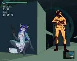 4_toes 5:4 5_fingers anthro armor blue_hair breasts butt canid canine canis crouching duo english_text evangellos feet female fingers fur gameplay_mechanics genitals grey_body grey_fur gui gun hair handgun health_bar helen_(evangellos) hi_res hiding hindpaw humanoid_hands lizard male mammal multicolored_body multicolored_fur nipples nude nude_anthro nude_female paws pistol ranged_weapon reptile scalie text timer toes two_tone_body two_tone_fur virtual_reality vulva waiting weapon white_body white_fur wolf