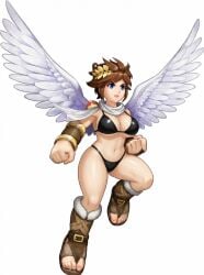 1girls ai_edit ai_generated angel angel_wings belly_button bikini black_bikini blue_eyes brown_hair flying genderswap genderswap_(mtf) kid_icarus kid_icarus_uprising large_breasts laurel_crown nintendo official_artwork_edit pit_(kid_icarus) voluptuous voluptuous_female