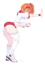 1girls alternate_version_available ass bending_forward big_breasts blue_eyes blush breasts breasts_out clothing female female_only girls'_frontline hairband hanging_breasts kalina_(girls'_frontline) large_breasts lifted_by_self long_hair looking_at_viewer nipples no_bra orange_hair shinyozura shirt shirt_lift shorts side_ponytail side_view sideboob sportswear sweat sweatdrop