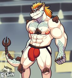 1boy 2021 abs anthro biceps bulge clothing dragon elfein flaccid genital_outline genitals hair hi_res horn inside jockstrap male male_only muscular muscular_anthro muscular_male nipples nogard_krad_nox pecs penis penis_outline red_underwear scales scalie solo standing underwear watermark