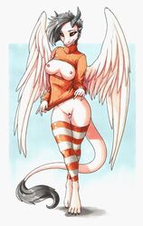 absurd_res black_sclera boob_window breasts clothed_female clothing dragon ewgengster_(artist) feathered_wings feathers female footwear genitals hi_res horn legwear looking_at_viewer no_bra no_panties pose pussy red_eyes socks solo sweater thigh_highs topwear white_body wings