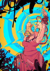 1girls arms_up blonde_hair blush coiling crossover disney djuuicebox eye_contact female female_only final_fantasy final_fantasy_vii final_fantasy_vii_remake hi_res human hypnosis hypnotized kaa kaa_eyes scarlet_(ffvii) snake square_enix the_jungle_book tongue_in_mouth tongue_kiss wide_eyed