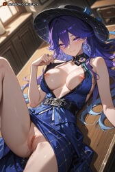 1girl ai_generated alternate_costume breasts breasts_out female female_only indoors large_breasts looking_at_viewer lucilla_(wuthering_waves) lying nipples purple_eyes purple_hair pussy pussy_juice solo solo_female wuthering_waves