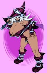 1girls alternate_version_available areola_slip areolae ass_crack bare_shoulders big_breasts blush_stickers boots breasts breasts_bigger_than_head cleavage color_edit colored dark-skinned_female dark_magician_girl dark_skin duel_monster female female_focus female_only hair_between_eyes hat holding huge_breasts large_breasts long_hair lurking_judgement muscular muscular_female no_bra pink_eyes pobotto self_upload silver_hair smile solo solo_female solo_focus yu-gi-oh!