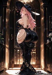 1girl ai_assisted ai_generated ass back bangs bare_shoulders blue_eyes blush breasts curvaceous curvy curvy_female curvy_figure female gloves hat high_heels honkai:_star_rail honkai_(series) huge_breasts jade_(honkai:_star_rail) jewelry long_hair looking_at_viewer looking_back miyuai mole_under_mouth pink_hair shiny sideboob smile solo sun_hat thick thick_ass thick_butt thick_hips thick_legs thick_thighs thighs voluptuous voluptuous_female wide_hips wide_thighs witch_hat