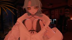 nipple_slip teal_hair yellow_eyes