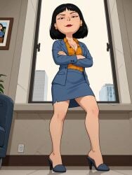 1girl ai_generated armchair black_eyes black_footwear black_hair blue_footwear blue_jacket blue_skirt breasts building chair cleavage clothing collared_shirt crossed_arms earrings electrical_outlet family_guy female footwear formal full_body high_heels indoors jacket jewelry lipstick looking_at_viewer makeup medium_breasts medium_hair office office_chair office_lady orange_shirt pencil_skirt red_lips shirt shoes short_hair skirt skirt_suit smile smug solo standing suit swivel_chair tricia_takanawa window