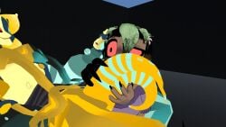 bassie_(dandy's_world) blank_background cock_hungry cock_worship dandy's_world erp eyes fnaf hand_on_head handjob imminent_oral moondrop red roblox twisted_bassie_(dandy's_world) two_dicks vrchat
