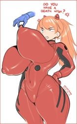 alternate_breast_size anger_vein angry asuka_langley_sohryu blue_eyes breasts covered_navel covered_nipples female hand_on_hip huge_breasts long_hair neon_genesis_evangelion nipple_tweak onaeane orange_hair plugsuit puffy_nipples red_border simple_background thick_thighs white_background