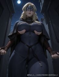 1girl ai_generated arm_wrap blindfold blonde_hair breasts capelet cloak covered_eyes covered_navel covered_nipples dark_souls_3 dress fire_keeper from_below full_moon jewelry large_breasts lips long_hair mask moon necklace night night_sky nyx_x outdoors parted_lips questionable sensitive sky solo web_address