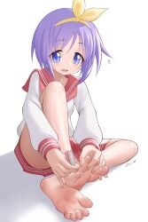 bandana diadem feet foot_fetish j.c.14 lucky_star nail_clippers purple_hair sailor_collar sailor_uniform short_hair skirt soles toes tsukasa_hiiragi yellow_bandana yellow_bandanna