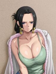 1girls ai_generated big_boobs big_breasts black_hair blue_eyes boa_hancock coat curvy curvy_body curvy_female curvy_figure earrings fur_coat huge_breasts jeans kyoru189 large_breasts light-skinned_female light_skin looking_at_viewer mature_female one_piece pants solo solo_female tank_top