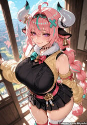 1girl ahoge ai_assisted ai_generated animal_ears bangs bare_shoulders black_skirt blue_sky blush bow breasts closed_mouth cloud cow_horns cowboy_shot curvaceous curvy curvy_female curvy_figure day eyebrows_visible_through_hair female genshin_impact hair_between_eyes hairband horns indoors jewelry long_hair looking_at_viewer miniskirt miyuai pink_hair pleated_skirt purple_eyes ribbon skirt sky sleeveless smile solo standing thick thick_ass thick_butt thick_eyebrows thick_hips thick_legs thick_thighs thighhighs varesa_(genshin_impact) voluptuous voluptuous_female watermark wide_hips wide_thighs