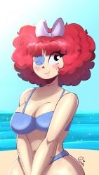 beach big_breasts bikini bow breasts button_eye curly_hair curvy doll_girl freckles freckles_on_face glitch_productions gooseworx quinbdoodles ragatha ragatha_(beach_outfit) ragatha_(tadc) ragatha_(the_amazing_digital_circus) ragdoll red-haired_female red_hair tagme the_amazing_digital_circus