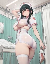1girl ai_generated arched_back arm_above_head arm_up ass_focus bangs beautiful beautiful_girl bending_forward bending_over bent_forward bent_over big_ass big_breasts breasts breasts_bigger_than_head clipboard dark_hair earings erotic fat_ass fit fit_body fit_female grabbing green_hair hair_bun hair_ornament half-closed_eyes half_naked hand_on_head heels holding_heels hospital hospital_room hourglass_body hourglass_figure hourglass_figured_female imminent_exposure large_breasts leaning leaning_forward long_hair looking_at_viewer medical medical_examination nurse nurse_cap nurse_clothing nurse_costume nurse_outfit nurse_uniform panties panties_showing pantyshot pencil_skirt posing pulling_sheet round_ass seductive seductive_eyes seductive_look seductive_pose solo_female spy_x_family standing standing_position tagme thick_ass thick_thighs thighhighs tied_hair tight_clothing underboob work_uniform working workplace yor_briar yor_forger