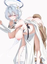 1boy 1girls ass big_breasts blue_archive breasts eating_pussy female halo lanhua227 millennium_science_school_student nipples noa_(blue_archive) purple_eyes white_hair