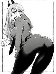 1girls ass ass_focus back back_view big_ass black_and_white black_pants blush bottomwear breasts chainsaw_man clothing dat_ass demon demon_girl demon_horns female female_only hair horns jacket looking_back monochrome necktie neckwear pants power_(chainsaw_man) smile solo solo_female thighs topwear white_background xandredarium