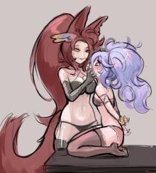 2female 2girl 2girls 2women animal_ears animal_tail bdsm bondage dom_sub dom_sub_relations dominant dominant_female flat_chest flat_chested fox_ears fox_tail gloves heterochromia kabocia kabocia_(character) kneeling lesbian pl_vtube ponytail purple_hair red_hair seonvt_(character) submissive_female tied_hands underwear virtual_youtuber vtuber vtuber_persona vtuberfanart yuri