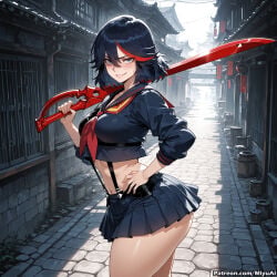 1girl ai_assisted ai_generated artist_name ass black_hair blue_eyes blush breasts building city copyright_name cowboy_shot crop_top curvaceous curvy curvy_female curvy_figure female fence grin hand_on_hip holding holding_weapon kill_la_kill large_breasts long_sleeves looking_at_viewer matoi_ryuuko midriff miyuai multicolored_hair navel outdoors over_shoulder parted_lips pleated_skirt red_gloves red_hair school_uniform scissor_blade senketsu serafuku shiny shiny_skin short_hair single_glove skirt smile solo standing streaked_hair suspenders thick thick_ass thick_butt thick_hips thick_legs thick_thighs two-tone_hair voluptuous voluptuous_female weapon weapon_over_shoulder wide_hips wide_thighs