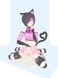 1girl animal_ear animal_ear_fluff animal_ears bare_shoulders black_gloves black_hair black_legwear blue_eyes blush bow bowtie breasts cat_ears cat_girl cat_tail catgirl clothes_lift crop_top elbow_gloves eyebrows_visible_through_hair fingerless_gloves flat_chest full_body hair_over_one_eye heart kneeling looking_at_viewer miniskirt no_shoes omorashi original panties pantyshot peeing peeing_on_clothing peeing_on_floor peeing_on_ground peeing_on_self peeing_panties peeing_self pink_bow pink_panties pink_skirt pleated_skirt ribbon shirt short_hair simple_background sitting skirt skirt_lift small_breasts smile socks solo spread_legs striped striped_legwear striped_panties tail thighhighs underwear urinating urinating_female urinating_in_bottomwear urinating_on_floor urination urine urine_on_ground urine_pool urine_puddle urine_stream vandy_(vtuber) virtual_youtuber vtuber wet_panties wet_skirt wet_socks wet_underwear wetting wetting_bottomwear wetting_clothing wetting_panties wetting_self wetting_skirt wetting_underwear white_background