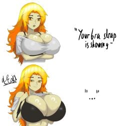 1girls alexjoi_(artist) big_breasts bra bra_strap_is_showing_(meme) breast_press breasts breasts_bigger_than_head breasts_out cleavage closed_mouth clothing curvaceous_figure curvy curvy_figure english_text female female_only hetero hi_res huge_breasts hyper_breasts large_breasts long_hair looking_at_viewer meme nipples open_mouth solo speech_bubble tagme talking_to_viewer tattoo text yellow_eyes