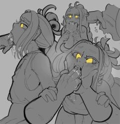 1boy 1femboy blush blushing elden_ring femboy finger_sucking gibbo0z greyscale long_hair male_focus male_only miquella monochrome oral_invitation saliva saliva_drip sucking_fingers yaoi yellow_eyes