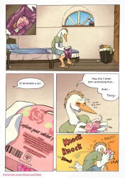 5_fingers anthro avian bed bedroom bird blush bottomwear cattle_egret clothed clothed_anthro clothed_male clothing cock_warmer comic day dialogue english_text feathers fingers furniture heron hi_res humanoid_hands kantachibli knocking male nervous on_bed page_number pelecaniform penis_clothing phillip_(kantachibli) shirt shorts sitting sitting_on_bed solo speech_bubble surprised text topwear url white_body white_feathers