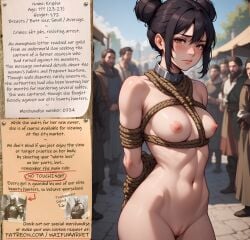 ai_generated anime bdsm bondage bounty_hunters brown_eyes collar dark_hair edited fantasy female fictional hair_buns market naked nude photoshop roleplay ropes short_hair slave slavegirl slavery small_boobs small_breasts small_tits waifu