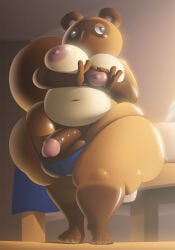 2026 4_fingers 4_toes absurd_res animal_crossing anthro areola balls belly big_areola big_balls big_belly big_breasts big_butt big_penis big_tail black_tail blue_clothing blue_eyes blue_thong blue_underwear breasts brown_balls brown_body brown_ears brown_fur brown_markings brown_nose brown_penis brown_skin brown_tail butt canid canine clothed clothing colored crossgender darkened_balls darkened_genitalia darkened_penis detailed_background digital_drawing_(artwork) digital_media_(artwork) erection facial_markings feet fingers foreskin front_view full-length_portrait fur genitals gesture glans glistening glistening_areola glistening_balls glistening_belly glistening_body glistening_breasts glistening_butt glistening_eyes glistening_genitalia glistening_glans glistening_legs glistening_nipples glistening_penis glistening_skin glistening_thighs gloves_(marking) gynomorph head_markings heart_gesture heart_symbol hi_res huge_areola huge_balls huge_breasts huge_butt huge_hips huge_tail huge_thighs humanoid_genitalia humanoid_penis hyper hyper_thighs ineffective_clothing intersex leg_markings light lighting looking_aside mammal markings mask_(marking) mouthless mtg_crossgender mti_crossgender multicolored_body multicolored_skin navel nintendo nipples nude oppai_heart overweight overweight_anthro overweight_gynomorph overweight_intersex pear-shaped_figure penis pink_areola pink_glans pink_inner_ear pink_nipples portrait raccoon_dog retracted_foreskin shaded socks_(marking) solo sunlight tail tan_body tan_skin tanuki thick_penis thick_thighs thong thong_only tight_underwear toes tom_nook_(animal_crossing) topless tzokatli underwear underwear_only voluptuous_anthro voluptuous_gynomorph white_sclera wide_hips