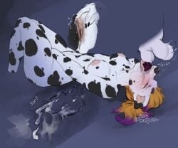 2024 abstract_background anthro areola balls barbell_piercing biped black_nose black_spots blonde_hair bodily_fluids breasts canid canine canis cathy_(dallypup) clitoral clitoral_hood clitoral_hood_piercing clitoral_hood_ring clitoral_masturbation cum dalmatian digital_drawing_(artwork) digital_media_(artwork) disembodied_penis domestic_dog erection eyebrows eyes_closed facial_piercing fellatio female fur genital_fluids genital_piercing genitals hair hair_fade hand_between_legs hi_res internal internal_oral knot knotted_penis lying mammal masturbation medium_breasts meeprs nipple_barbell nipple_piercing nipples nose_piercing nose_ring nude on_back oral penile penis piercing ring_piercing septum_piercing septum_ring sex signature solo solo_focus spots tears white_body white_fur