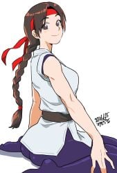 1girls ass big_ass bodysuit braid brown_hair hairband king_of_fighters large_breasts leggings light-skinned_female light_skin misodiru pale-skinned_female pale_skin sitting yuri_sakazaki