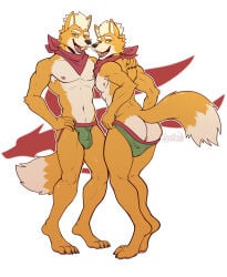absurd_res anthro anus artejaxton briefs bulge butt canid canine claws clothing fox fox_mccloud fur green_eyes hi_res jockstrap male mammal nintendo nipples open_mouth orange_body orange_fur pecs presenting presenting_hindquarters scarf simple_background smile star_fox underwear white_background