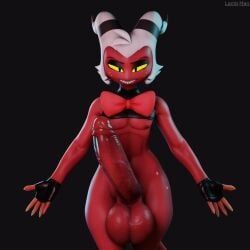 1:1 3d_(artwork) balls big_balls big_penis black_background bow_tie cartoon_freckles clothed clothing digital_media_(artwork) fingerless_gloves freckled_face freckles genitals gloves handwear hellaverse helluva_boss horn humanoid imp lamb_man26 looking_at_viewer male moxxie_(helluva_boss) nipples partially_clothed penis red_body simple_background smile smiling_at_viewer solo striped_horn stripes tail vein veiny_penis yellow_sclera