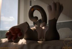3d_(artwork) anthro anus backsack balls bed bedroom butt digital_media_(artwork) domestic_cat felid feline felis furniture genitals lying male male/male mammal mayu_(azuki) nude on_front pawpads paws peq42 peq_(peq42) raised_tail solo tail