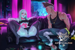 1boy 1girl ai_generated artificialfox black_hair black_legwear blue_skin blush cyberpunk:_edgerunners david_martinez_(edgerunners) hetero panties rebecca_(edgerunners) sitting tank_top teasing thighhighs underwear