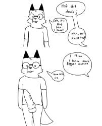 absurd_res animal_genitalia animal_penis anthro big_penis bottomless canid canine canine_genitalia canine_penis clothed clothing english_text eyewear fox foxfreeguy genitals glasses hi_res huge_penis knot male mammal monochrome nerd off_shoulder penis profanity roddy_(foxfreeguy) shirt solo standing text topwear vein veiny_penis