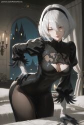 1girl ai_generated black_dress black_hairband blue_eyes breasts cleavage cleavage_cutout covered_navel dress feather-trimmed_sleeves feather_trim gloves hairband hi_res high_quality high_resolution juliet_sleeves leotard long_sleeves medium_breasts mole mole_under_mouth nier:_automata no_blindfold patreon puffy_sleeves seductive sexy short_hair silver_hair uncensored watermark yorha_2b yorha_no._2_type_b