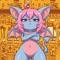 1boy 1femboy ai_generated ankha_zone ankha_zone_(meme) bat bat_wings crossed_arms digital_media_(artwork) digital_painting_(artwork) egyptian from_behind half-closed_eyes light_blue_skin light_pink_hair looking_at_viewer mammal manoloalejo_(artist) meme meme_reference naked_femboy naked_male narrowed_eyes no_genitals nude_femboy nude_male okami23_(artist) parody reference shortstack succubus_tail terry_bat