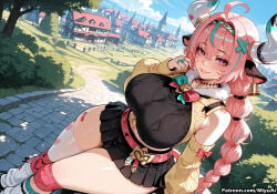 1girl ahoge ai_assisted ai_generated bandaid bandaid_on_knee bangs black_skirt blush bow braid breasts curvaceous curvy curvy_female curvy_figure day eyebrows_visible_through_hair fang female genshin_impact hairband horns huge_breasts long_hair looking_at_viewer loose_socks miyuai multicolored_hair nail_polish outdoors pink_hair pleated_skirt purple_eyes skirt sky sleeveless smile solo thick thick_ass thick_butt thick_hips thick_legs thick_thighs thighhighs thighs tree varesa_(genshin_impact) voluptuous voluptuous_female white_legwear wide_hips wide_thighs