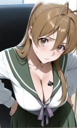 1girls ai_generated blacked brown_eyes brown_hair cheating cheating_girlfriend cleavage cuckold highschool_of_the_dead large_breasts long_hair miyamoto_rei netorare ntr qos qos_tattoo queen_of_spades rei_miyamoto serafuku solo spade_tattoo wide_thighs