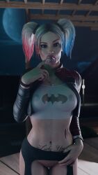 1girls 3d batman_(series) big_breasts breasts dc_comics female female_only harley_quinn nipples nipples_visible_through_clothing pussy solo toughcookiesv