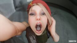 1boy 1girls beret big_penis blonde_hair blue_eyes cammy_white cum cum_in_mouth dark-skinned_male huge_cock interracial light-skinned_female male_pov pale-skinned_female photo_studio photoshoot pov pov_eye_contact pubic_hair saliva selfie straight thick_penis tongue vekkte