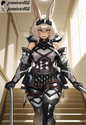 1girl ai_generated animal_ears armor bare_shoulders black_gloves black_skirt blue_eyes blush bodysuit breasts breath clothing crossed_bangs detached_sleeves english_text feet_out_of_frame female gloves hair_between_eyes heavy_breathing holding hood indoors jennieart02 large_breasts looking_at_viewer medium_hair open_mouth patreon patreon_logo patreon_username purple_eyes rabbit_ears rabbit_girl short_hair skirt solo stairs standing steaming_body sunlight sweat teeth thick_thighs thighhighs thighs twitter twitter_username upper_teeth_only watermark white_hair window