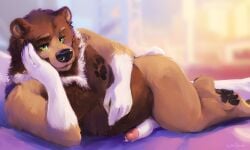 5:3 anthro bear bed black_pawpads bodily_fluids brown_body brown_eyebrows brown_fur claws eyebrows fingers fur furniture genital_fluids genitals green_eyes head_on_hand hi_res humanoid_genitalia humanoid_penis inside kinsheph looking_at_viewer lying male mammal markings multicolored_body multicolored_fur nude on_bed on_side paw_(marking) pawpads penis precum snout solo white_markings