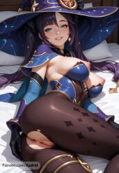 1girl ai_generated anus artist_name ass black_gloves black_hair black_pantyhose blue_leotard blush bodystocking breasts capelet choker detached_sleeves earrings elbow_gloves genshin_impact gloves gold_trim green_eyes hat hat_ornament jewelry large_breasts leotard lips long_hair looking_at_viewer lying medium_breasts mona_(genshin_impact) nipples on_side pantyhose parted_lips patreon_username pillow purple_hair pussy smile solo sweat thighlet thighs torn_clothes torn_pantyhose twintails uncensored witch_hat xadrid