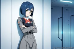 1boy ai_generated bangs blue_hair bulge closed_mouth crossed_arms darling_in_the_franxx femboy frown futuristic genderswap genderswap_(ftm) green_eyes hair_ornament hairclip ichigo_(darling_in_the_franxx) leaning_against_wall long_sleeves looking_aside male military military_uniform short_hair solo standing tehmar trans_woman transfem trap uniform wall