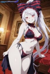 1girl absurd_resolution absurdres ai ai-created ai_art ai_generated anime_coloring anime_screenshot anime_style bedroom black_bra blush detailed_background dynamic_angle dynamic_pose exhibitionism exibitionism exited explicit frills garter_belt glossy glossy_body glossy_skin gorgeous hair_bow hentai hi_res high_contrast high_quality high_resolution in_heat indoors lingerie long_hair looking_at_viewer nsfw overlord_(maruyama) overlord_(series) pale_skin panties patreon perfect_anatomy pervert_female plump presenting rating_explicit red_eyes sexy sexy_body sexy_female sexy_pose shalltear_bloodfallen sharp_teeth smile soft_shading solo source_anime striped_bow teasing teasing_viewer thighhighs vampire voluptuous voluptuous_body voluptuous_female white_hair