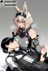 1boy 1girl ai_generated animal_ears armor assertive_female bare_shoulders black_gloves black_hair black_hairband black_skirt blonde_hair blue_eyes blush breast_sucking breastfeeding breasts clothing crossed_bangs cum detached_sleeves ejaculation elbow_gloves erection female gloved_handjob gloves gradient_background grey_background hair_between_eyes hairband handjob hetero horse_ears jennieart02 large_breasts large_penis looking_at_another lying lying_on_lap male nursing_handjob on_back one_breast_out open_mouth patreon patreon_logo patreon_username penis penis_out pleated_skirt projectile_cum rabbit_ears short_hair smile sweat teeth twitter twitter_username upper_teeth_only veins veiny_penis watermark