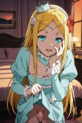 1boy :d ai_generated aqua_dress bangs bed bedroom blonde_hair blue_dress blue_eyes clothes_lift crown dress dress_lift femboy flaccid flower genderswap genderswap_(ftm) hair_flower hair_ornament hand_on_own_cheek hand_on_own_face indoors juliet_sleeves lifted_by_self long_hair long_sleeves looking_at_viewer male open_mouth overlord_(maruyama) penis puffy_sleeves renner_theiere_chardelon_ryle_vaiself smile solo tehmar testicles trans_woman transfem trap